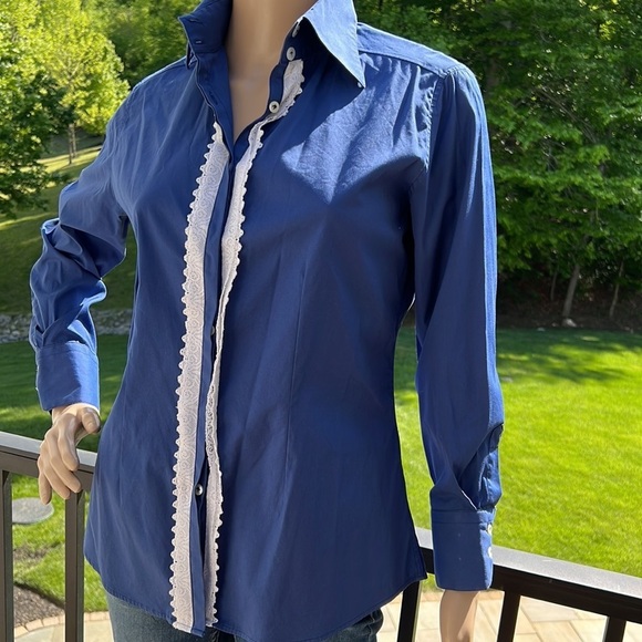 Jennifer T knit Courture blue/white lace trim long sleeve button down top - Picture 2 of 8